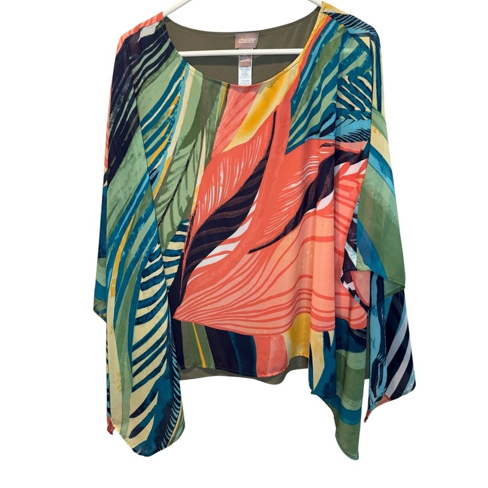 Chico's Womens Multicolor Tropical Floral Lined Chiffon Poncho Top 2 /L